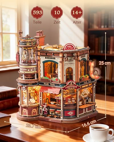 ROKR Dream Coffee Factory EAB02 DIY Miniature Dollhouse Music Box for Adults, Mechanical Coffee Factory Model with Moving Parts, LED Lighting and Jazz Music, Creative Gift