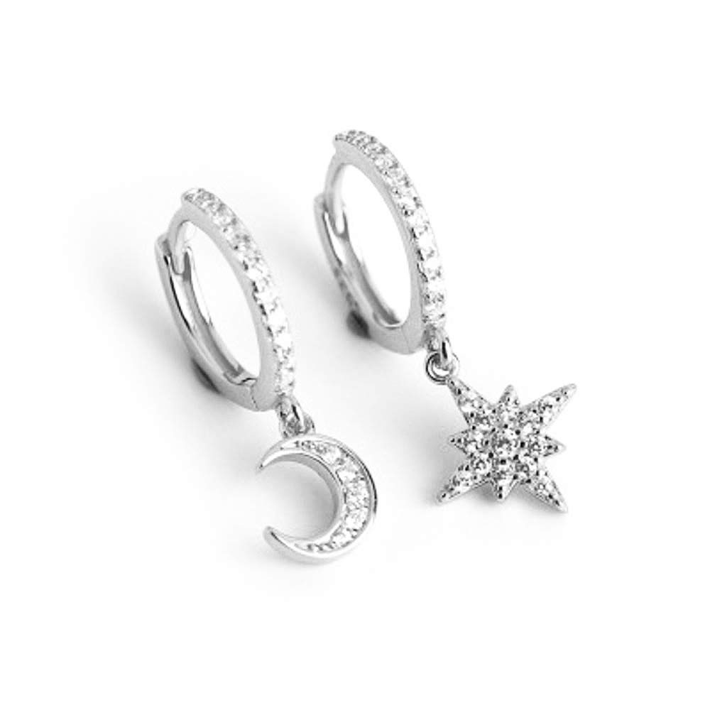 Cute Crystal Moon Star Dangle Hoop Earrings for Women Teen Girls S925 Sterling Silver with Charms Asymmetrical Pave CZ Diamond Drop Cartilage Jewelry Delicate Fashion Dainty Gift