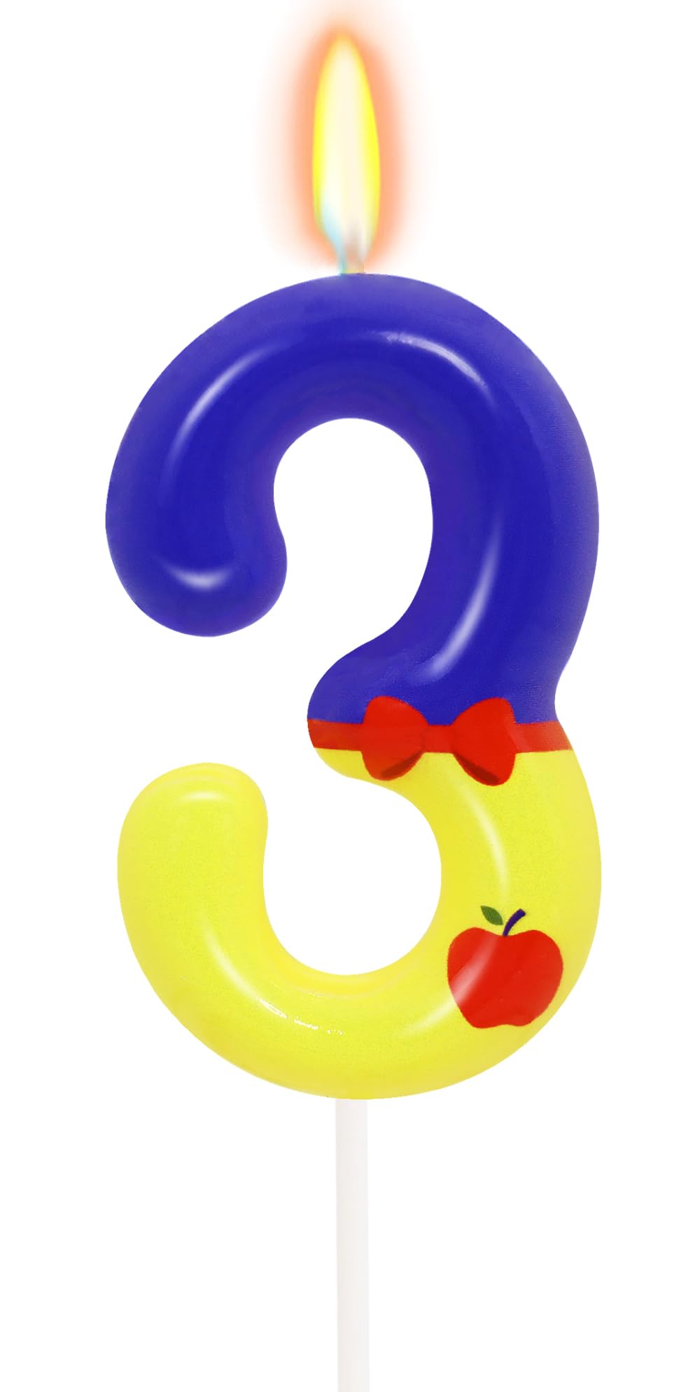 Photo 1 of Blue and Yellow 3 Birthday Candle, Fairy Tale Number 3 Candle Cake Topper with Apple Pattern, Princess Cartoon Themed Birthday Party Supplies