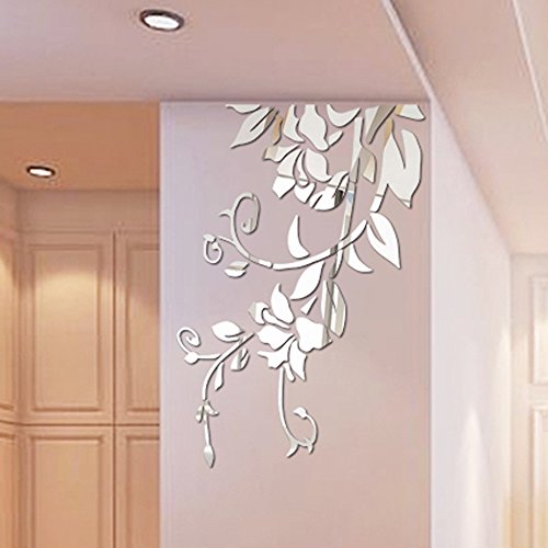 Rumas 3D Mirror Flower Wall Stickers for Living Room - DIY Home Decor for Bedroom Kitchen Kids Room - Removable Wall Murals Wall Decals - Silver Black Gold (Silver)