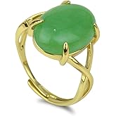 Green Jade Ring, Dainty Natural Gemstone Jade Rings for Women, Adjustable Gold-Plated Oval Green Stone Ring Jade Jewelry