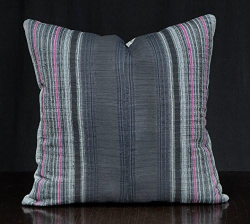Throw pillow Hmong Miao vintage fabric tribal cotton blanket, hilltribe ethnic home decor 20 inch black gray striped decorative pillow PIZ13