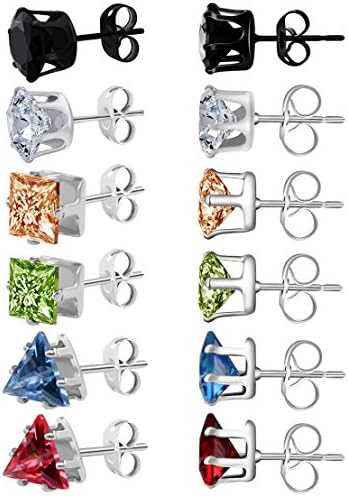 6 Pairs Stud Earrings Set Brilliant Round Cut Clear Cubic Zirconia Inlaid Simulated Diamond Rhinestone Hypoallergenic Jewelry Womens Pierced CZ Studs 0.2 inch for Unisex Teens by HOVEOX, 6 Colors