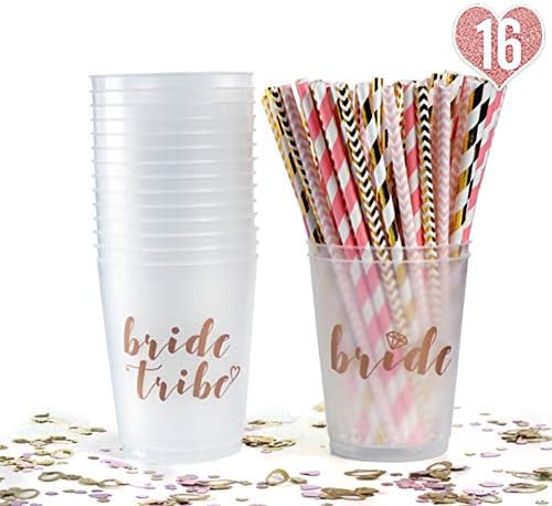 Bachelorette Party / Engagement Party 16 oz. Strong, Flexible, Reusable BPA Free Plastic Cups - 2 x Bride / 14 x Bride Tribe Bridal Party / Bridal Shower Decor. Bonus 100 Cute Sturdy Paper Straws.