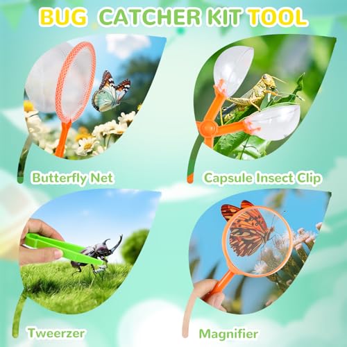 11 Piece Children's Explorer Kit, Insect Hunting Game with Magnifier, Butterfly Net, Observation Box and Tweezers, Outdoor Educational Toy Gift 3 4 5 6 7 8 Years Old