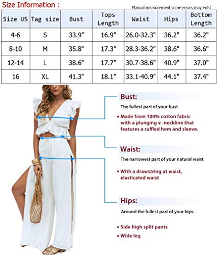 FANCYINN Womens White Two Pieces Outfits Deep V Neck Crop Top Side Slit Drawstring Wide Leg Pants Set Jumpsuits S