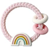 Itzy Ritzy Rattle Teether, Silicone Teething Toy w/ 3 Rings (Pink Rainbow) | Features Rattle Sound, Raised Texture &amp; 3 Silicone Teething Rings for Teething Relief, Encourage Grasping &amp; Sensory Play