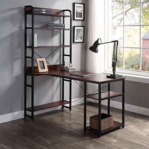 Rhomtree Computer Desk with 4 Tier Storage Shelves Large L-Shaped Home Office Desk PC Laptop Writing Table Workstation with Hutch Bookshelf (Brown)