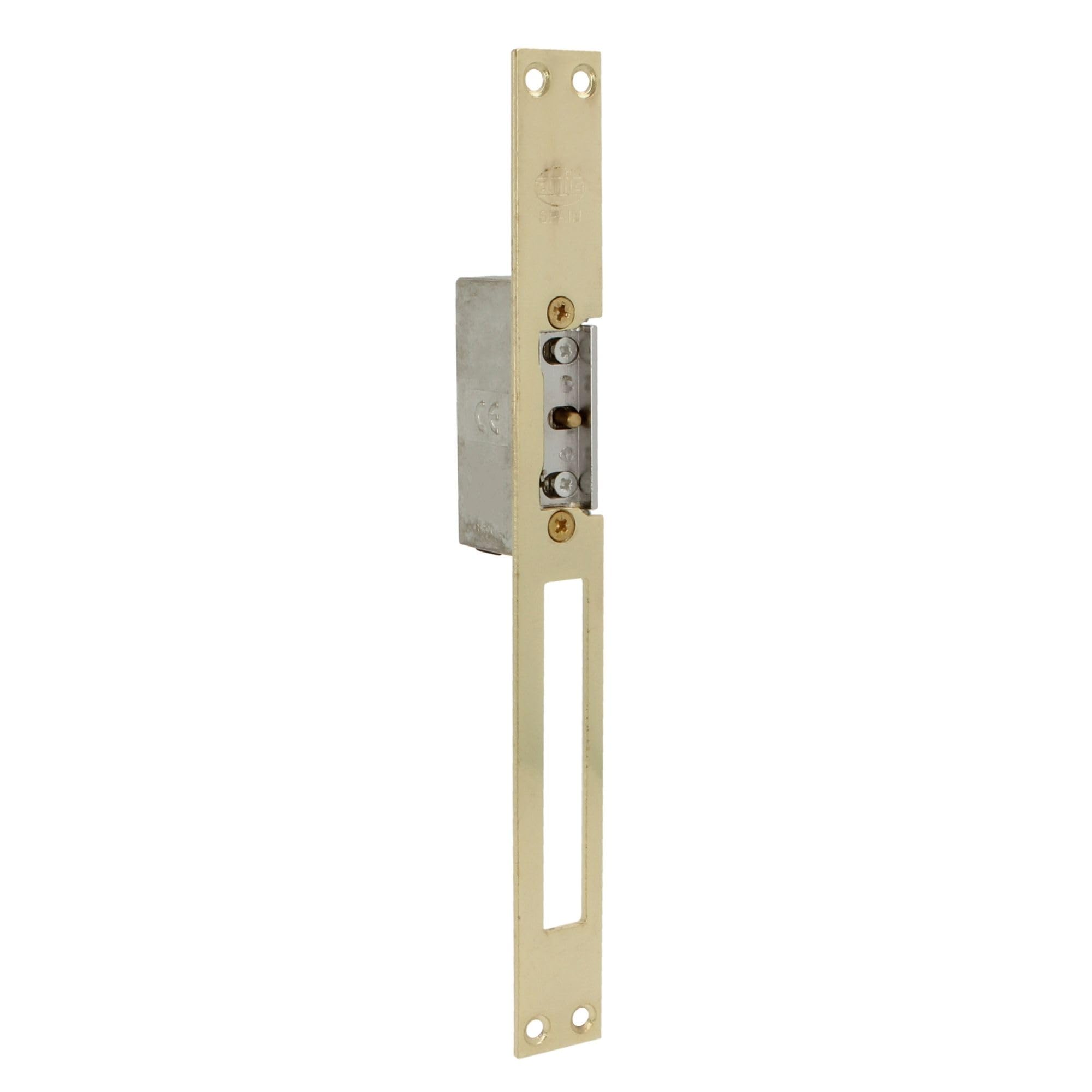 Amig - Electric Mortise Door Strike for Access Control - Compatible with European 13 mm Latch - Faceplate 250 x 25 mm - Lacquered Brass-Plated Steel - Gold Finish - 8-12 V AC/DC
