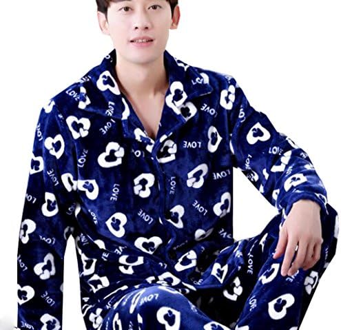 Only Faith Men's thick lapel long-sleeved warm coral velvet pajamas suit (L, Color1)