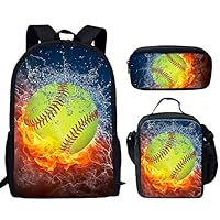 INSTANTARTS Fire Water Softball Ball Backpack Set School Bookbag Book Bag Lunch Box Pencil Case 3 in 1