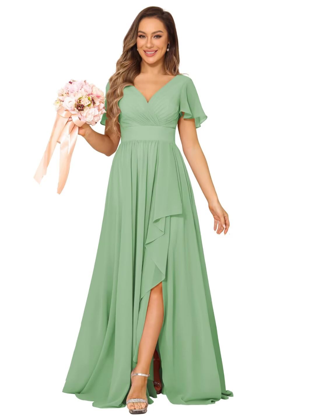 Photo 1 of RSOETOO V-Neck Bridesmaid Dresses for Women with Slit Dusty Sage Long Empire Waist Chiffon Formal Party Dress with Pockets 08