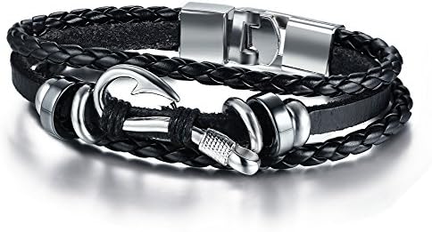 MP Men's Braided Leather Fish Hook Nautical Wrap Bracelet Multi Layers Hematite Wristband Black,21cm