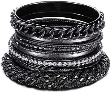 Ensoul Indian African Multiple Metal Bracelets&Bangles Set for Women 12Pcs/Set W/Clear Rhinestones