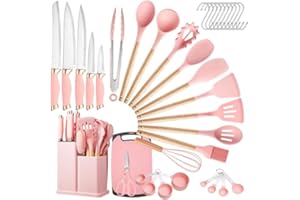LSFCHUJU 37 PCS Kitchen Utensils Set, Silicone Cooking Utensils Set with Kitchen Knife Set and Holder, Wooden Handle Kitchen 