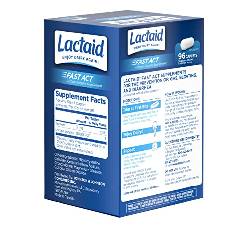 LACTAID FAST ACT LACTOSE INTOLERANCE CAPLETS WITH LACTASE ENZYME, DAIRY RELIEF FROM GAS, BLOATING & DIARRHEA, 9000 FCC LACTOSE INTOLERANCE PILLS, 96 INDIVIDUAL TRAVEL ON-THE-GO PACKS (96 X 1 CT)