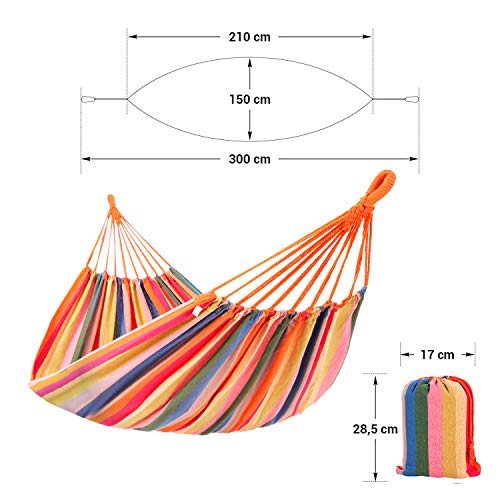 SONGMICS Hängematte, für 2 Personen, 210 x 150 cm, bis 300 kg belastbar, für Terrasse, Balkon, Outdoor, mit Transportbeutel, Befestigungsgurte und Karabiner inklusive, Regenbogen GDC15C – Bild 6