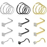 jagosen 21 Pcs Hoop Nose Rings Surgical Steel Nose Rings for Women 20G Nostril Piercing Jewelry Silver Gold Black Nostril Piercings L Shaped Nose Ring Hoop 6mm 8mm 10mm 12mm