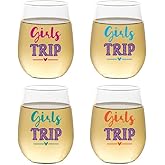 Wine-Oh! Set of 4 Shatterproof Designer 16 oz Plastic Wine Glasses MADE in the USA (GIRLS TRIP)