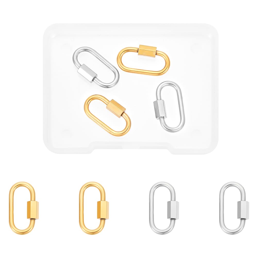 UNICRAFTALE 4Pcs Stainless Steel Screw Locking Carabiner - 2 Colors Golden Oval Keychain Connector Metal Lock Clasps Hook Pendants for DIY Necklaces Bracelet Jewelry Making