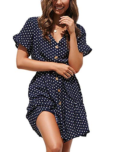 Womens Polka Dot V Neck Button Down Ruffles Casual Loose Swing Short Mini Beach Dress Navy M