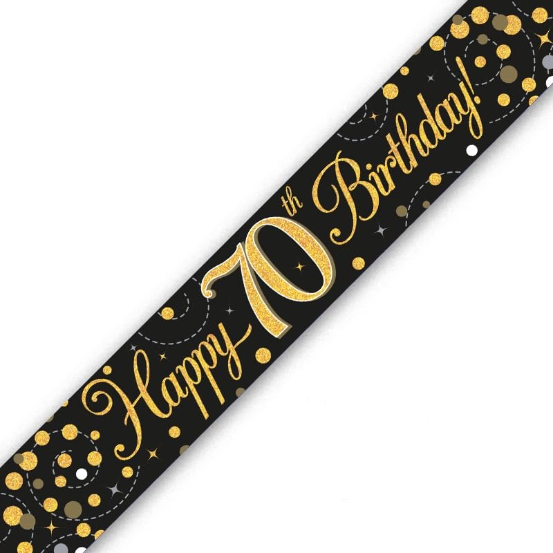 9ft Banner Sparkling Fizz 70th Birthday Black & Gold Holographic