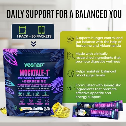 Yesnap MOCKTALE-1 GLP-1 Metabolic Support Supplement,Weight Management Formula with Berberine & Akkermansia,Ceylon Cinnamon,Lemon Mint Flavor Non-Alcoholic Drink,30 Packets