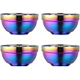 Large Rainbow 304 Stainless Steel Bowl Set of 4, Double-Walled Heat Insulation Anti-Scalding Kitchen Soup Bowls, Drop Resistance Children Bowl Salad Bowl Set for Mixing (5.1 Inches Diameter)