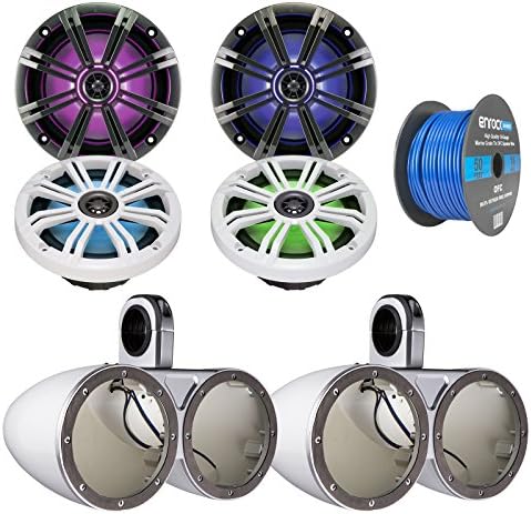 4x Kicker 6.5 Inch KM-Series LED Marine Boat Coaxial Speakers, 4x Kicker Marine Tower Enclosure White, Enrock Audio Marine Grade Spool of 50 Foot 16-Gauge Speaker Wire