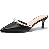 Coutgo Womens Pearl Kitten Heels Mules Closed Pointed Toe Slip On Satin Pumps Wedding Bride Dress Shoes
