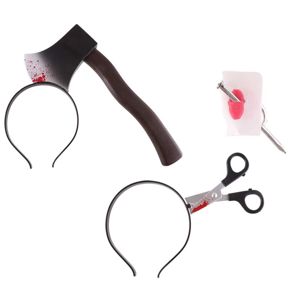 VEYLIN 3 Pack Halloween Scary Props Joke Toys Bloody Scissors Axe in Head Nail Trough Finger