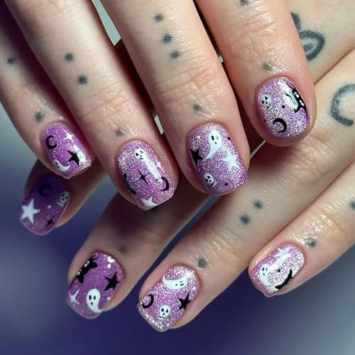Ghost Skull Press on Nails Purple Glitter Gothic Short Square Fake Nails at Amazon