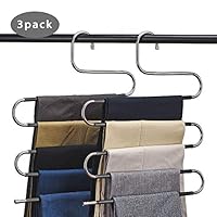 CEISPOB Space Saving Pants Hangers, Non Slip Stainless Steel Clothes Pants Hanger, 5 Tiers Design S Shape Pants Rack, Closet Storage Organizer for Pants Jeans Trousers Scarf Hanging (3-Pack)