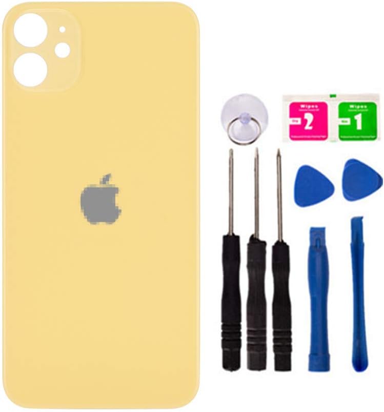 Replacement Rear Housing Battery Back Door Glass Cover for iPhone 11 6.1 inch, Panel Case with Adhesive Preinstalled Repair Part Casing (Yellow-Large Hole-no Need disassembly Lens)