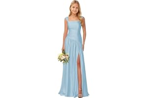 Cilontug Satin Junior Bridesmaid Dress Square Neck Asymmetrical Drop Waist Flower Girl Dresses with Slit Wedding Formal Gown