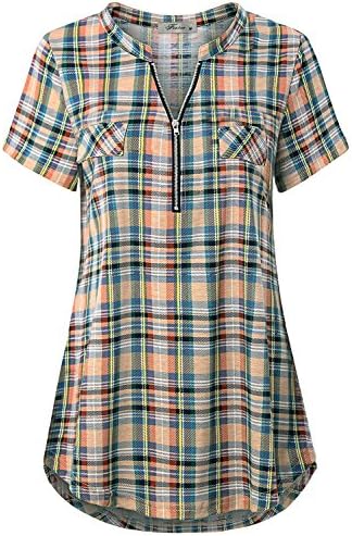 Women's Zip Up V Neck Short Sleeve Casual Tunic Shirt