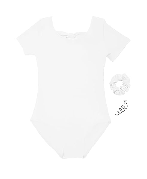 YGNEEDOM GIRLS SHORT SLEEVE LEOTARDS BOW BACK DANCEWEAR FOR BALLET GYMNASTICS 3-12 YEARS(WHITE,3-4)