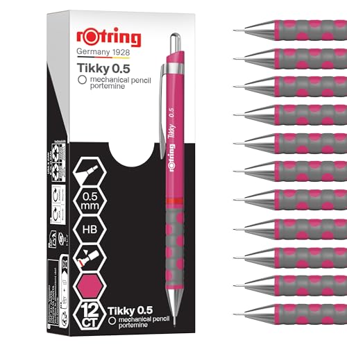 rOtring Tikky Mechanical Pencil | HB Lead, 0.5 mm | Magenta (pink) Barrel | Lightweight with Rubberised Grip | 12 Count