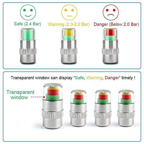 Daigtree valve stem caps, Car Tire Valve Cup, 36 PSI 2.4 Bar Air Alert Motorcycle Car Tire Pressure Monitoring Stem Valve Cap Sensor Indicator 3 Color Eye Alert (4 Pcs)