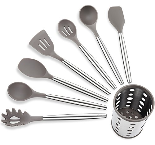 Miusco 7 Piece Silicone Cooking Utensil Set with Stainless Steel Handle & Utensil Holder