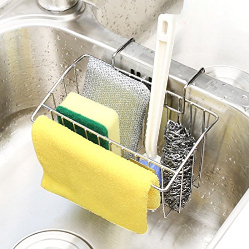 PeleusTech Kitchen Sink Caddy, Stainless Steel Sink Hanging Storage Box Draining Kitchen Soap Sponge Holder Rack Brush Sponge Sink Draining Towel Rack Kitchen Tool - Silver - Thumbnail 6