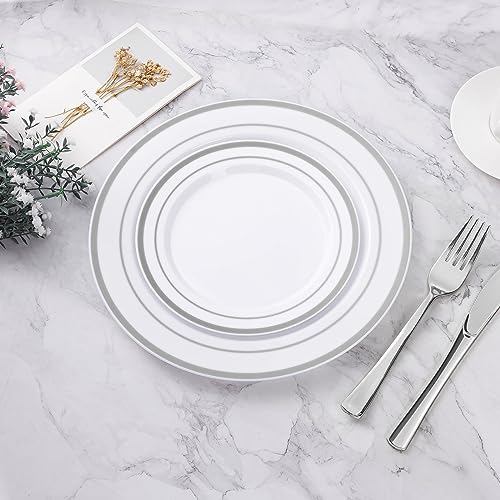 BESTVIP 100Pcs Silver Plastic Plates, 10.25 Inch Disposable Party Plates | Heavy Duty Dinner Dish with Rim for Christmas, Thanksgiving, Wedding, Birthday & Special Events