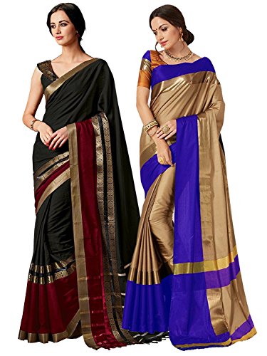 ELINA FASHION Pack of Two Sarees For Indian Women Cotton Art Silk Printed Weaving Border Saree || Sari Combo (Multi 12)