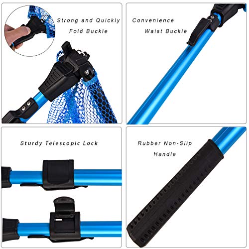 CAPACI Protable Fishing Landing Net Foldable Collapsible Telescopic Aluminum Pole Handle and Safe Fish Catching or Releasing for Durable and Nylon Mesh Bule 95cm/3.2ft (Blue (95cm/3.2ft)) - Thumbnail 3
