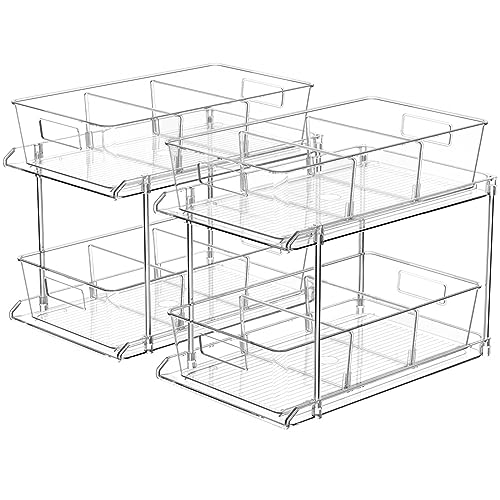 Fabspace Pullout Home Organizer, 2 Pack 2 Tier Clear Bathroom Organizer with Dividers