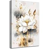 LZIMU White Golden Lotus Wall Art Zen Picture Flower Bloom Painting Meditation Relax Canvas Print Spiritual Poster Watercolor Water Lily Artwork Office Bathroom Decor (18L x 12W)