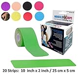 Green MUSCLE FIX Kinesiology Recovery Sports Athletic Injury Therapeutic Support Tape Precut PRO Kinesio KT Roll (20 Strips 10 in X 2 In / 25 cm x 5 cm) Shoulder Knee Lower Back