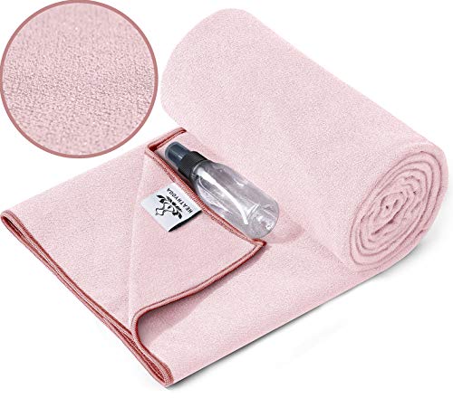 Heathyoga Yoga Towel Non Slip, Yoga Mat Towel with Free Spray Bottle, Silicone Particle,100% Microfiber,Super Sweat Absorbent, Ideal for Hot Yoga,Bikram and Pilates (Pink)