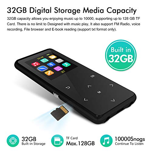 MP3 Player, 32GB MP3 Players with Bluetooth,Sports Armband, HiFi Music, Internal Speaker.FM Radio Recording Shuffle Play,Equalizer, Pedometer