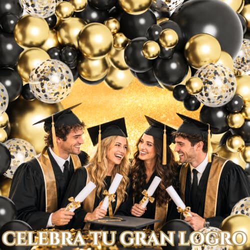 Globos Negros y Dorados Metálicos con Confeti para Graduación 2026, Kit de Guirnalda Arco de Globos Decoración Fiesta de Graduación, Adornos Decoración Graduación 133 Pzs
